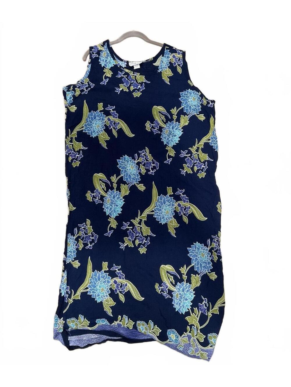 Vintage Navy Blue Floral Sleeveless Shift Dress Tunic, Size 3X
